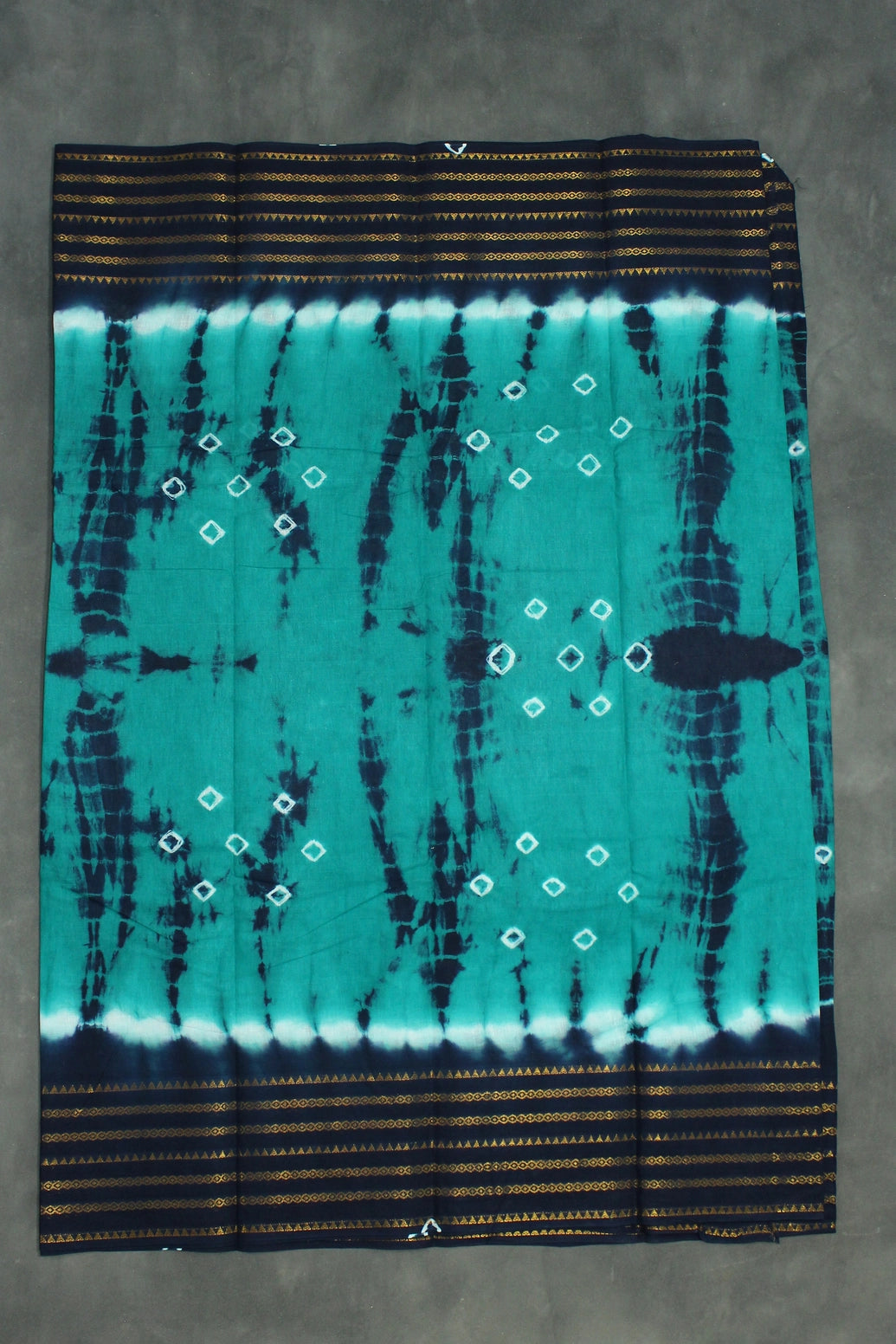 Teal Green Bandhani Sungudi Cotton Saree with Navy Zari-Striped Border Saree JCS Fashions