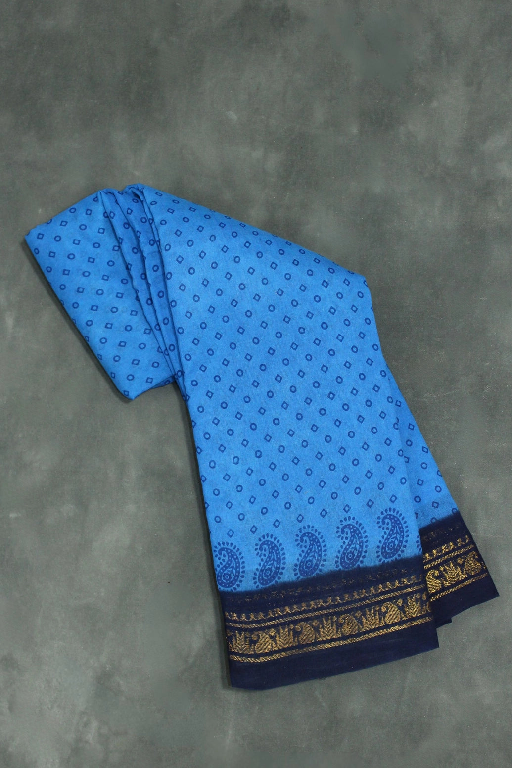 Blue Poly Cotton Printed Saree with Navy Golden Border - 5.5m