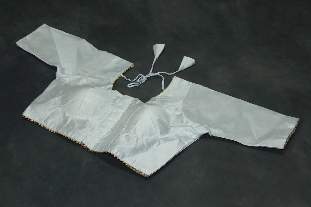 Readymade Padded White Raw Silk Blouse - Elbow Sleeve with Back Knot Blouse JCS Fashions