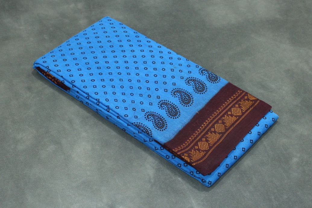 Blue & Brown Printed Poly Cotton Saree - Soft Lightweight 5.5m Saree JCS Fashions