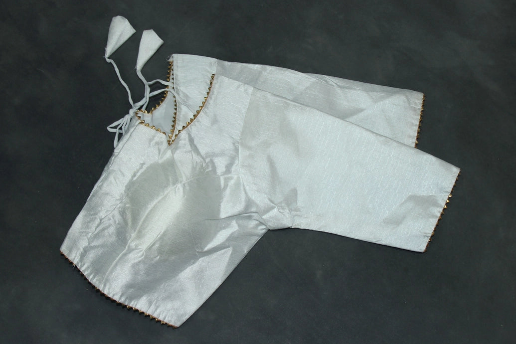 Readymade Padded White Raw Silk Blouse - Elbow Sleeve with Back Knot Blouse JCS Fashions