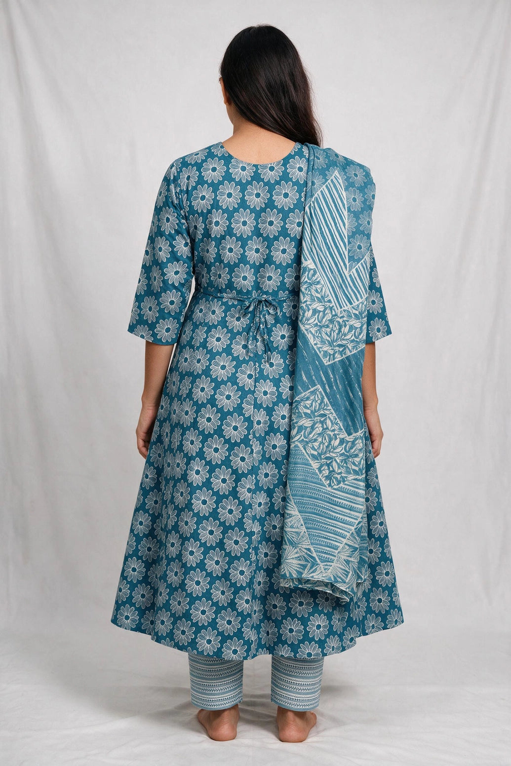 Teal Blue Cotton 3-Piece Kurti Set with Floral Print, Elastic Pants and Matching Dupatta