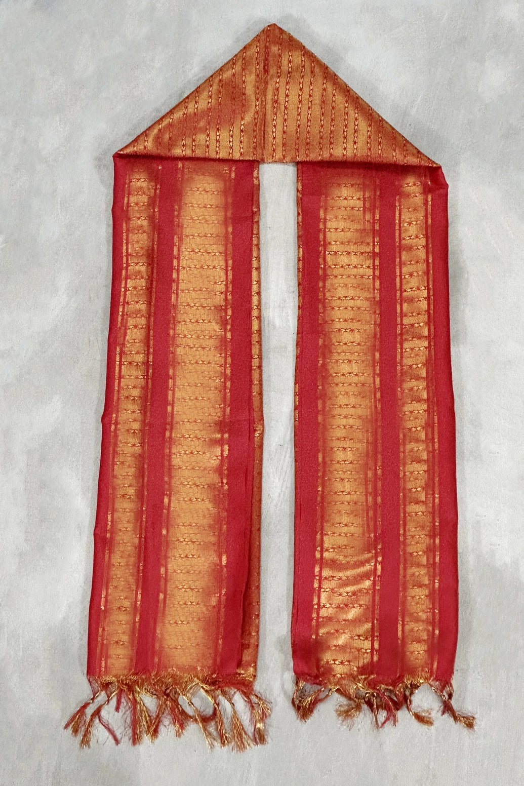 Red Ponnadai Poly Silk Jacquard Temple Shawl with Zari-Style Pattern & Tassels | 2 Meter Traditional Dupatta