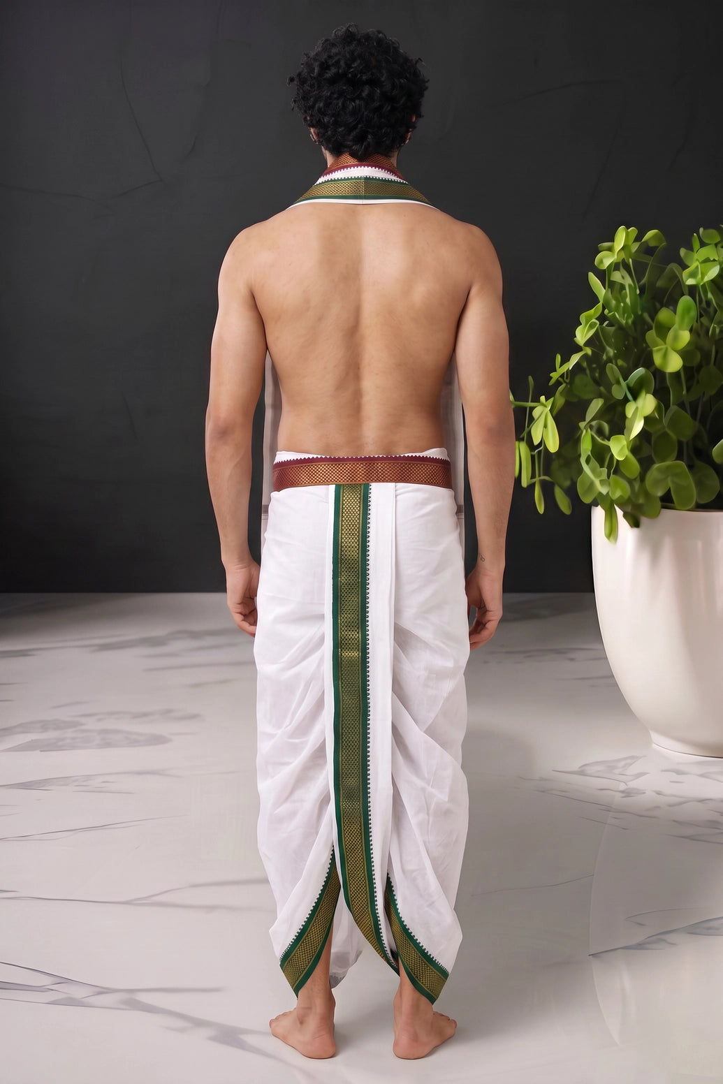 Off-White Cotton Panchakacham Dhoti Set with Angavastram (Unstitched) and Ganga Jamuna Border