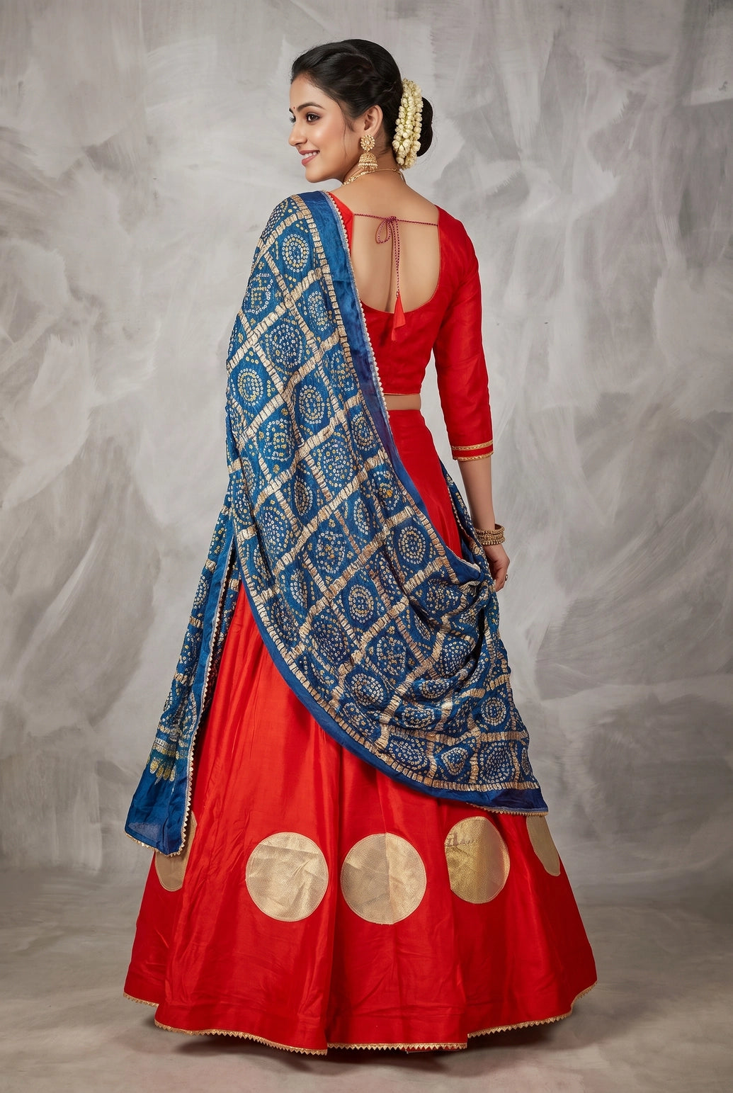 Red Navratri Designer Chaniya Choli with Gold Circle Motif & Plain Flared Skirt, Party Wear Lehenga Set