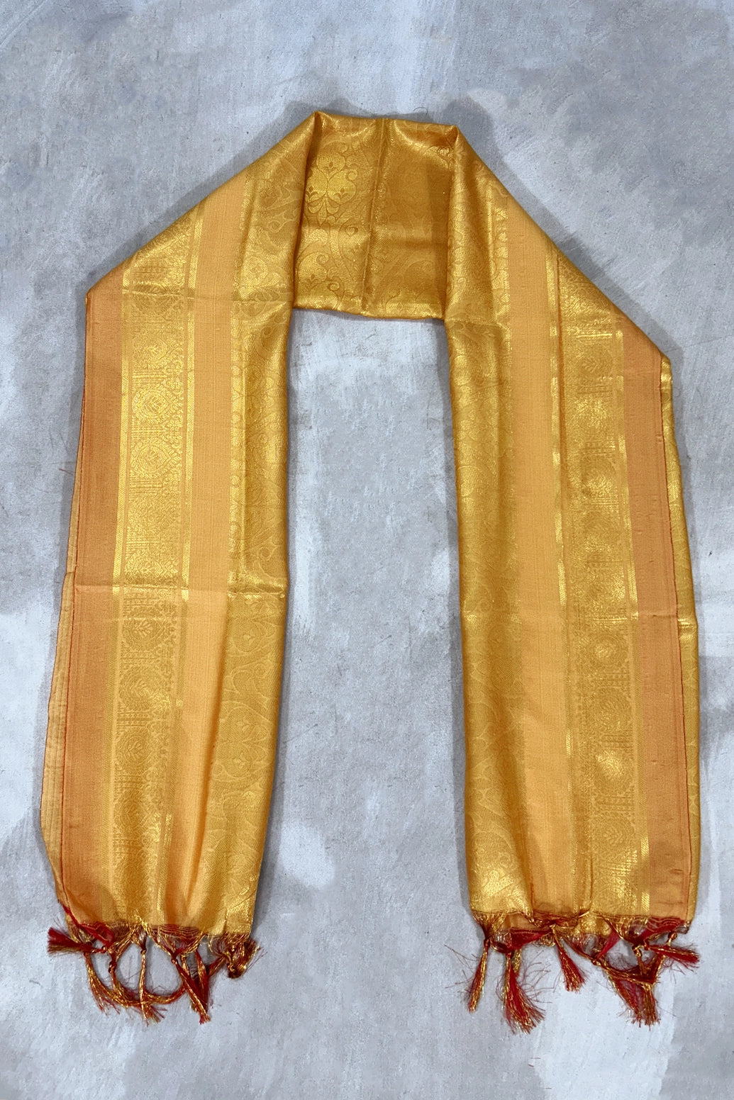 Yellow Poly Silk Ponnadai Temple Shawl with Zari Jacquard and Tassels | 2m Traditional Function Dupatta