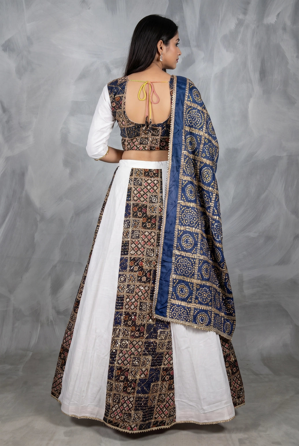 White Navratri Designer Chaniya Choli with Patola Patchwork Print Choli and Flared Skirt