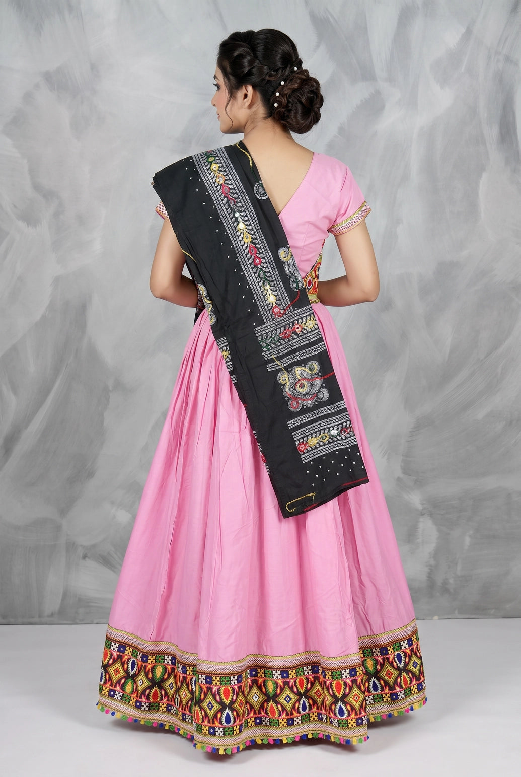 Pink Designer Navratri Chaniya Choli with Kutchi Mirror Work & Flared Lehenga Skirt for Festive Wear