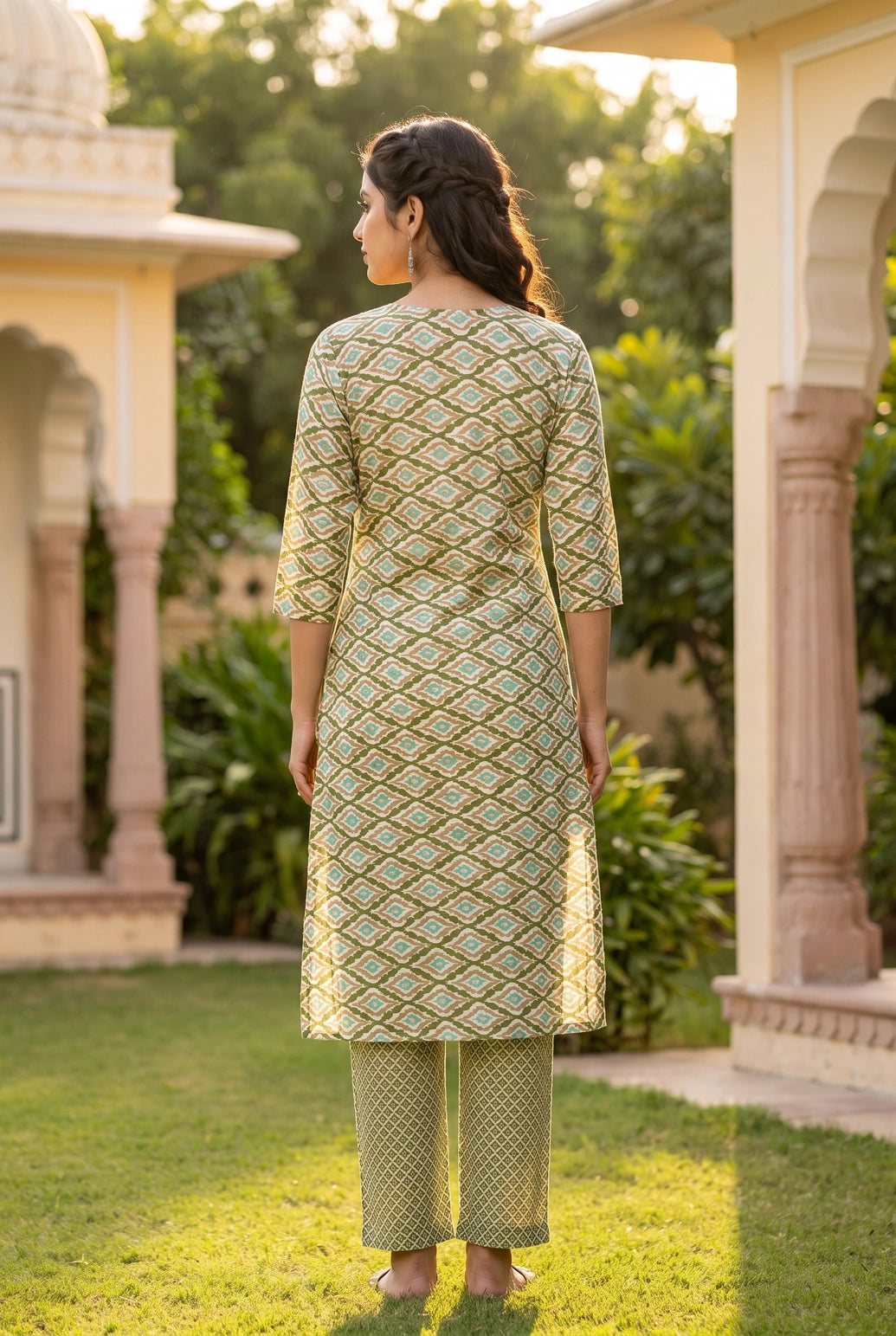 Green Rayon Kurti & Pant 2-Piece Set with Geometric Diamond Foil Print, Round Neck, 3/4 Sleeves