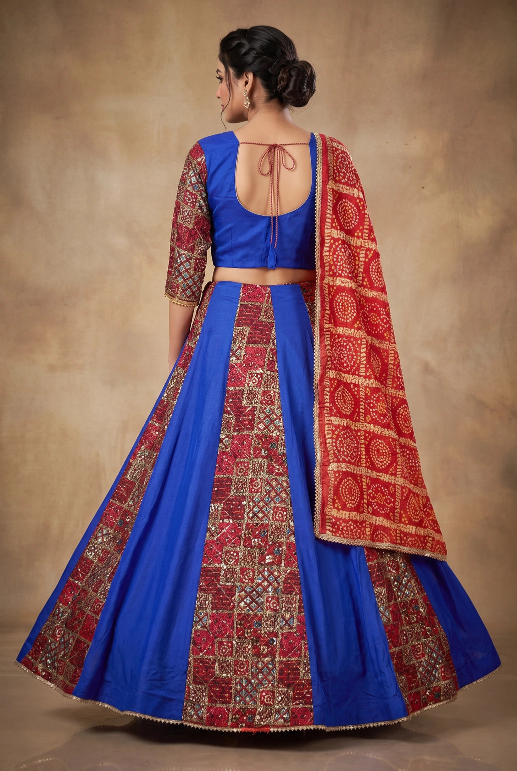 Royal Blue & Red Patola Patchwork Navratri Chaniya Choli with Flared Lehenga and Dupatta