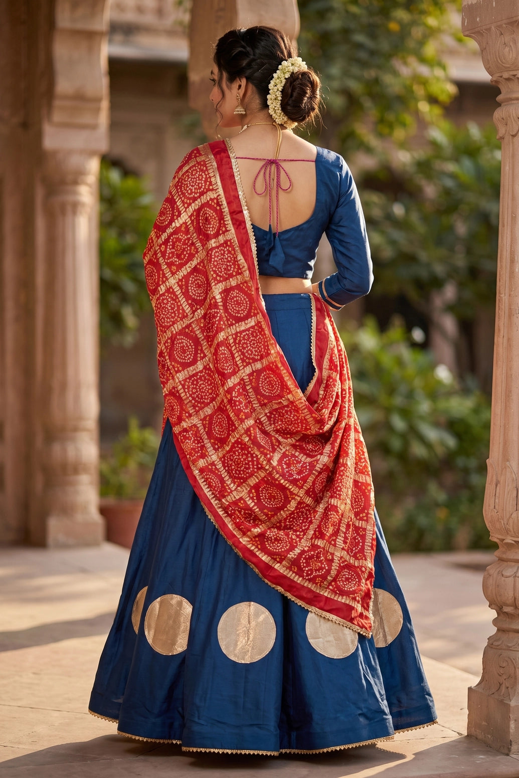 Navy Blue Navratri Chaniya Choli with Gold Circle Motif and Flared Lehenga Style Skirt