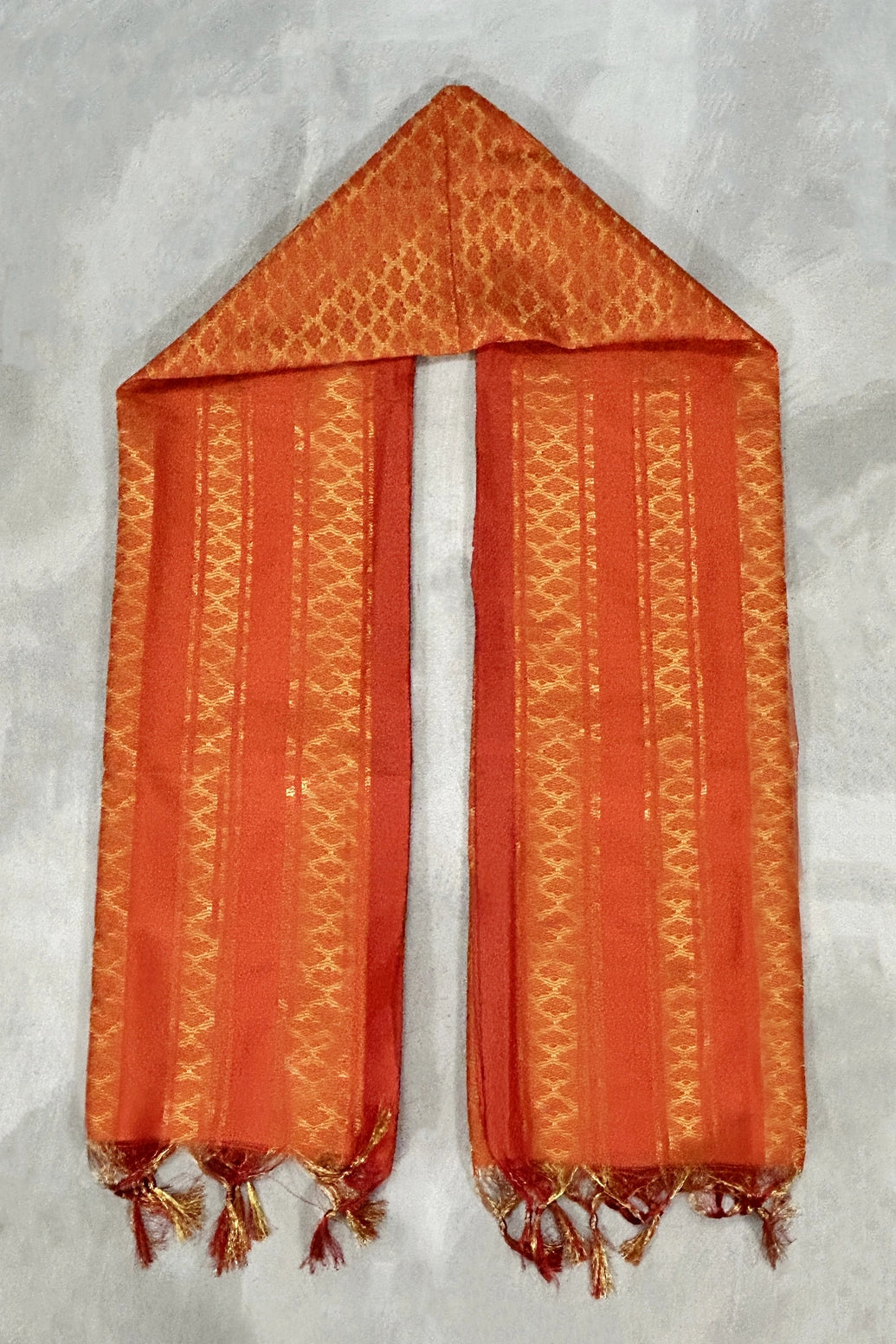 Orange Ponnadai Poly Silk Jacquard Temple Shawl with Zari Pattern & Tassels | 2 Meter Traditional South Indian Dupatta