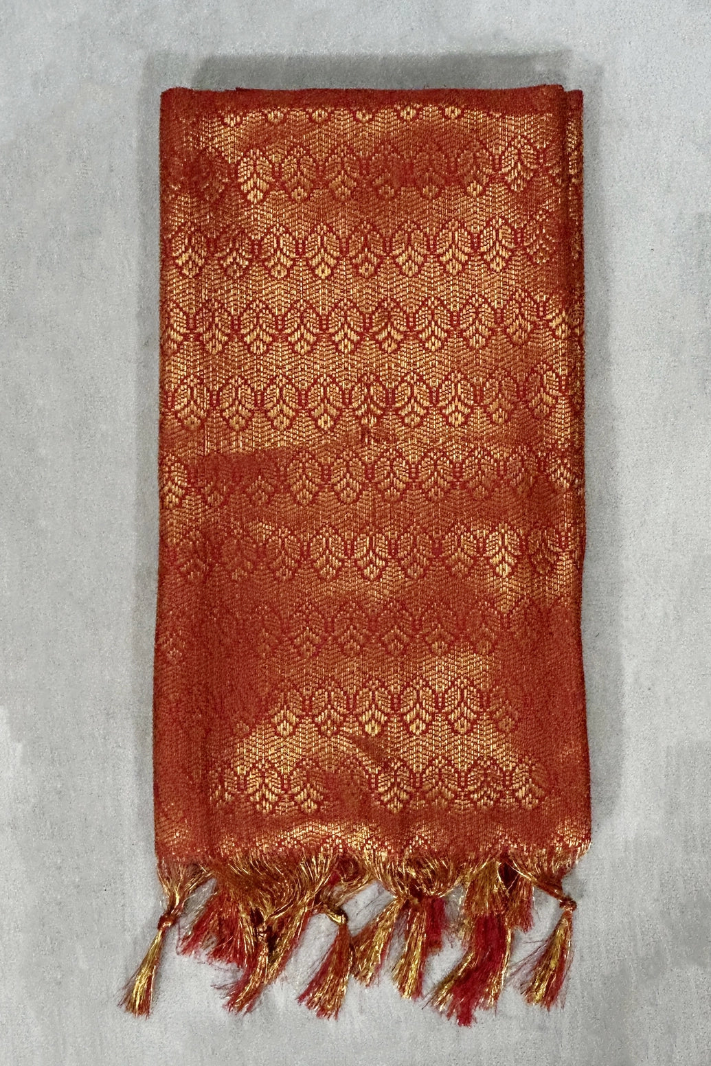 Red Ponnadai Poly Silk Jacquard Temple Shawl with Zari Pattern and Tassels | Traditional South Indian Dupatta for Pooja