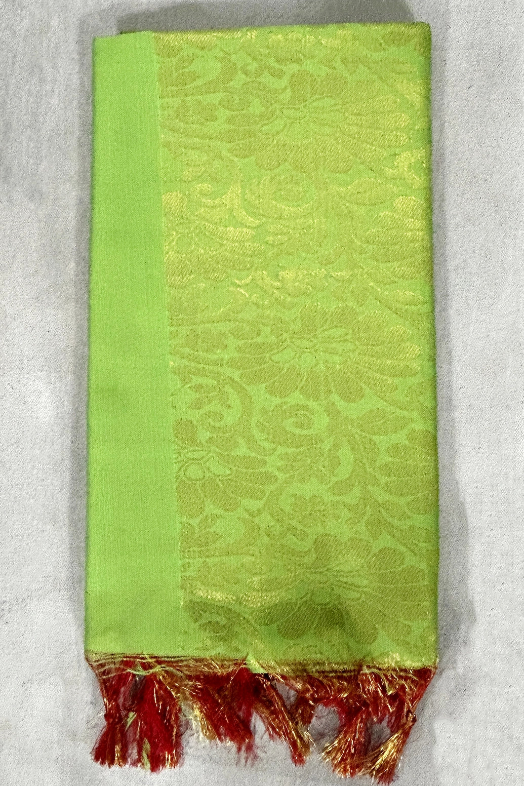 Parrot Green Ponnadai Poly Silk Jacquard Temple Shawl with Tassels for Pooja, Weddings & Functions