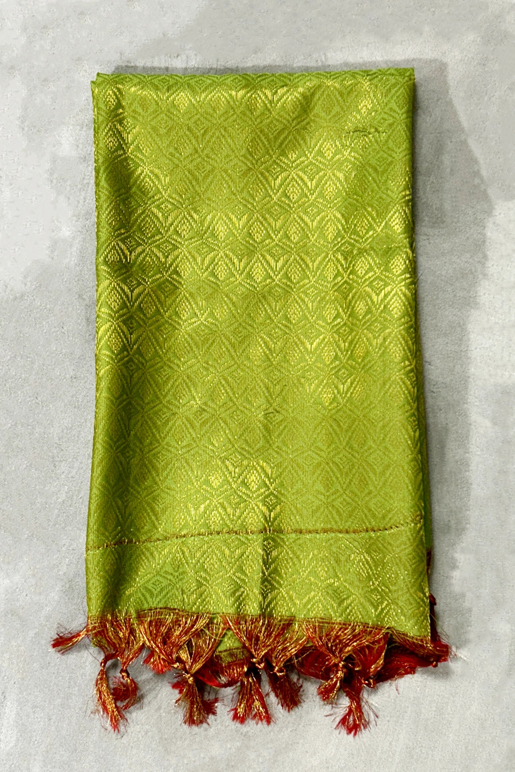 Parrot Green Ponnadai Poly Silk Jacquard Shawl with Zari Pattern & Tassels for Temple, Pooja & Functions