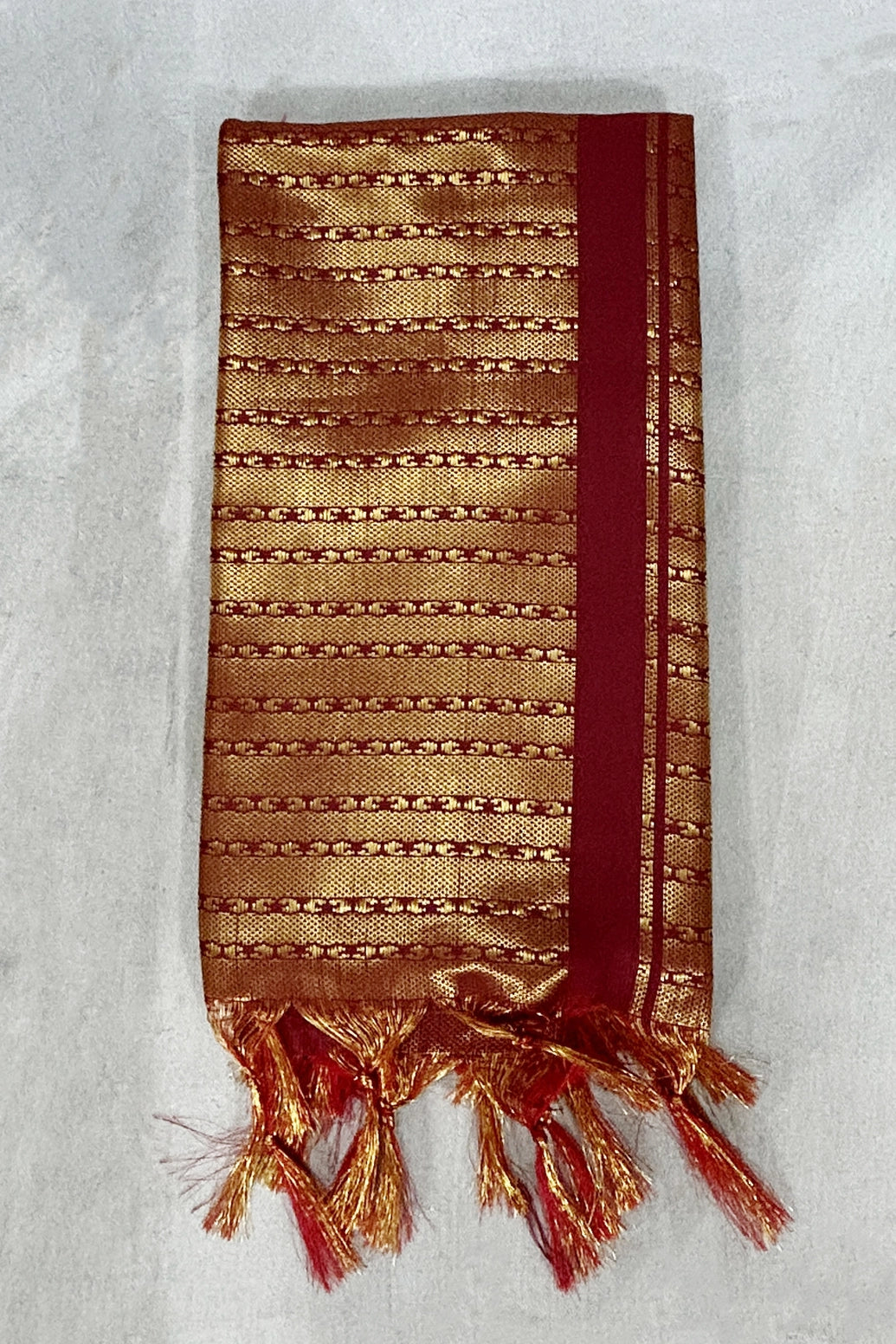 Maroon Ponnadai Poly Silk Jacquard Temple Shawl with Zari Pattern & Tassels for Pooja, Weddings & Gifts