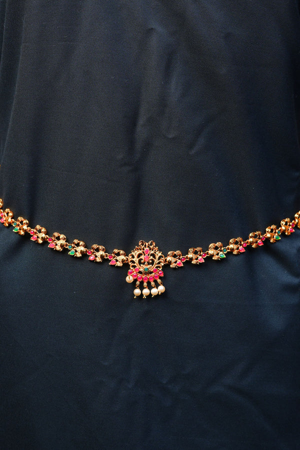 Gilded Elegance: Antique Gold and Pink Stone Hip Chain  | JCSFashions