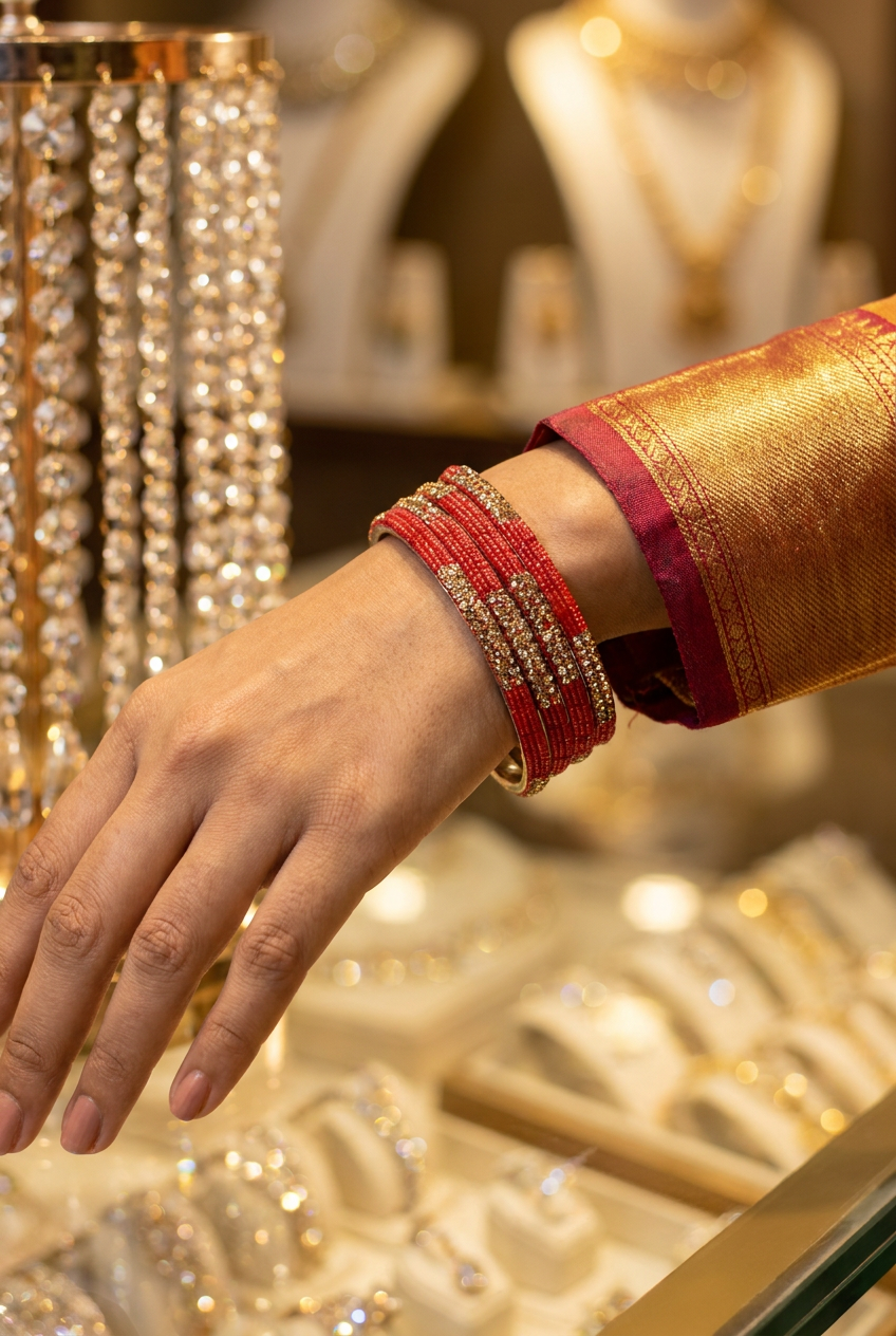 Rani Pink Multicolour Crystal Bangles Set with Gold-Tone Sparkle for Festive, Wedding & Ethnic Styling