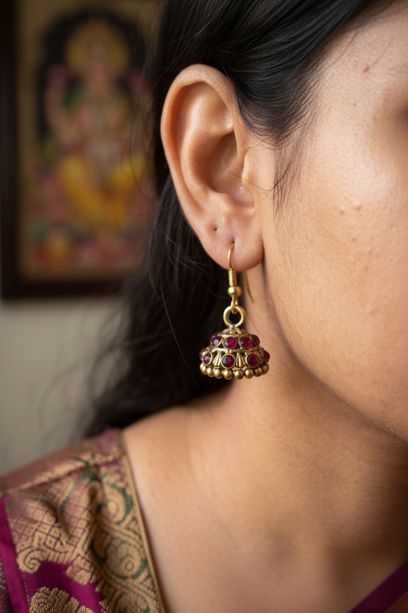Red Gold-Tone Stone Studded Dome Jhumka Earrings
