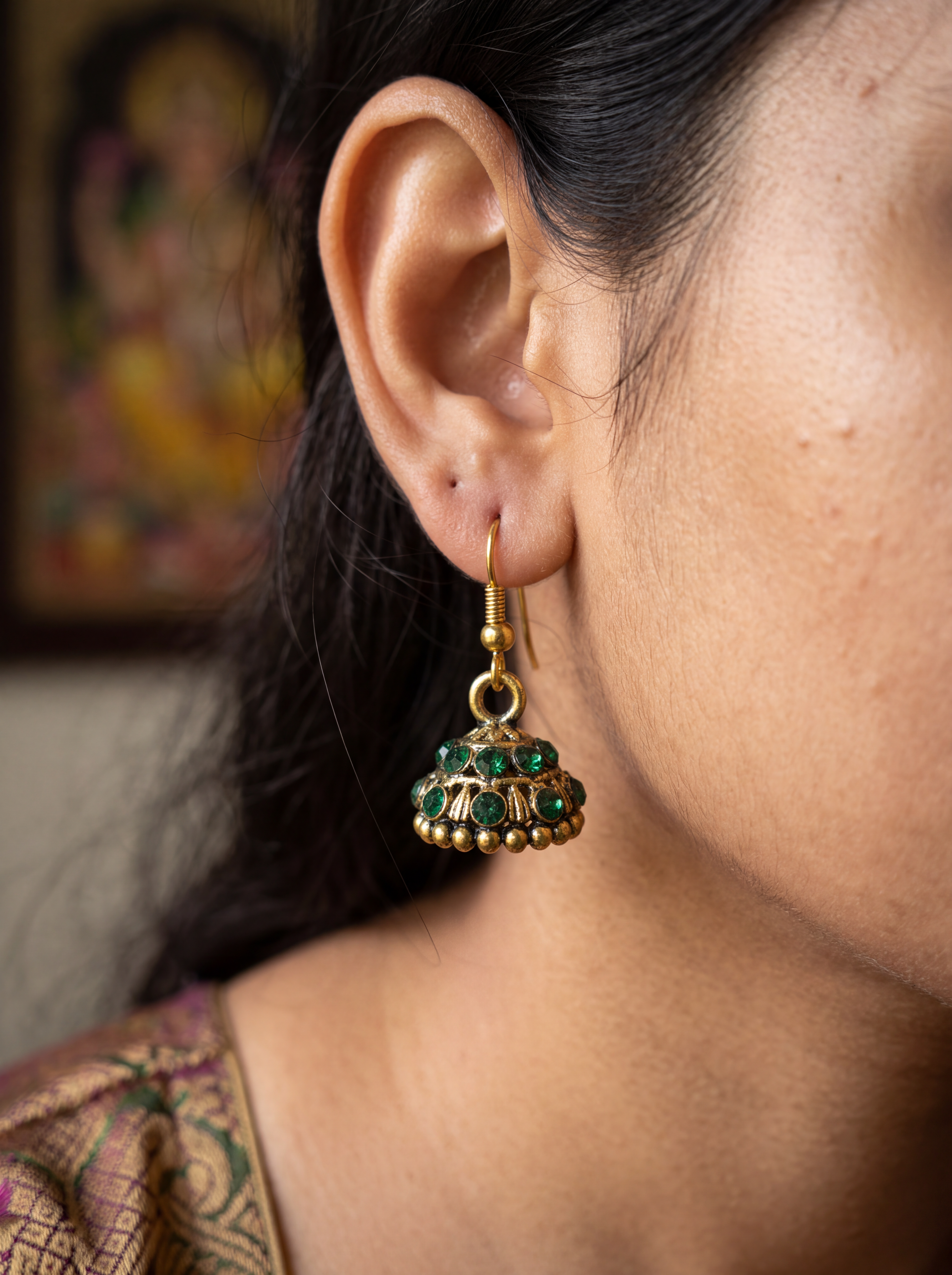 Red Gold-Tone Stone Studded Dome Jhumka Earrings
