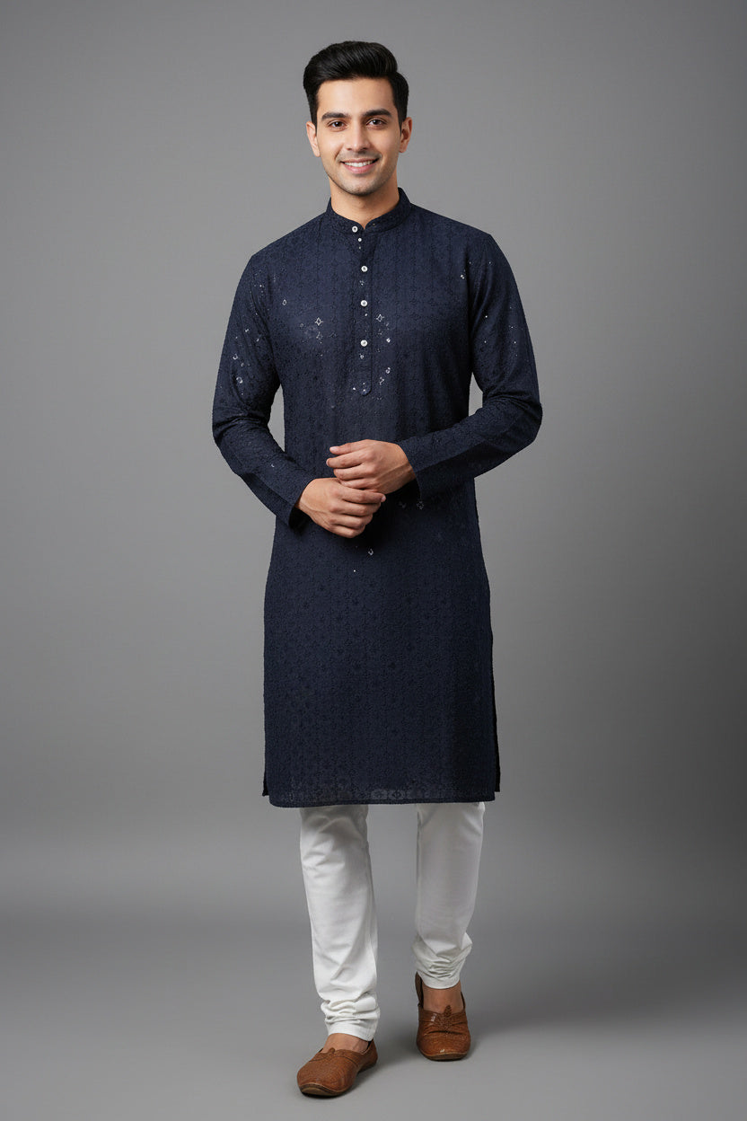 Navy Men's Lakhnavi Kurta: Embroidered Chikankari - AI Model Photo 3