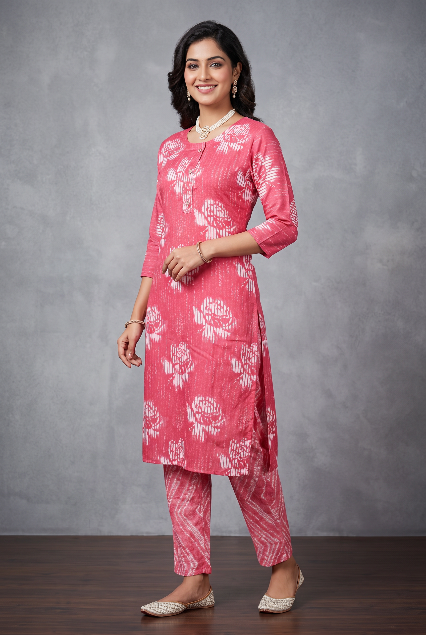 Pink Kurta Set – Floral Rayon 2-Piece with Pant