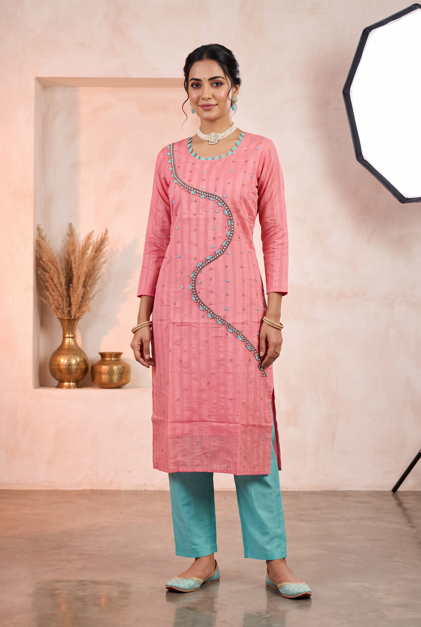 Pink Silk Kurti Set – Pearl & Aari Work 2-Piece with Pant