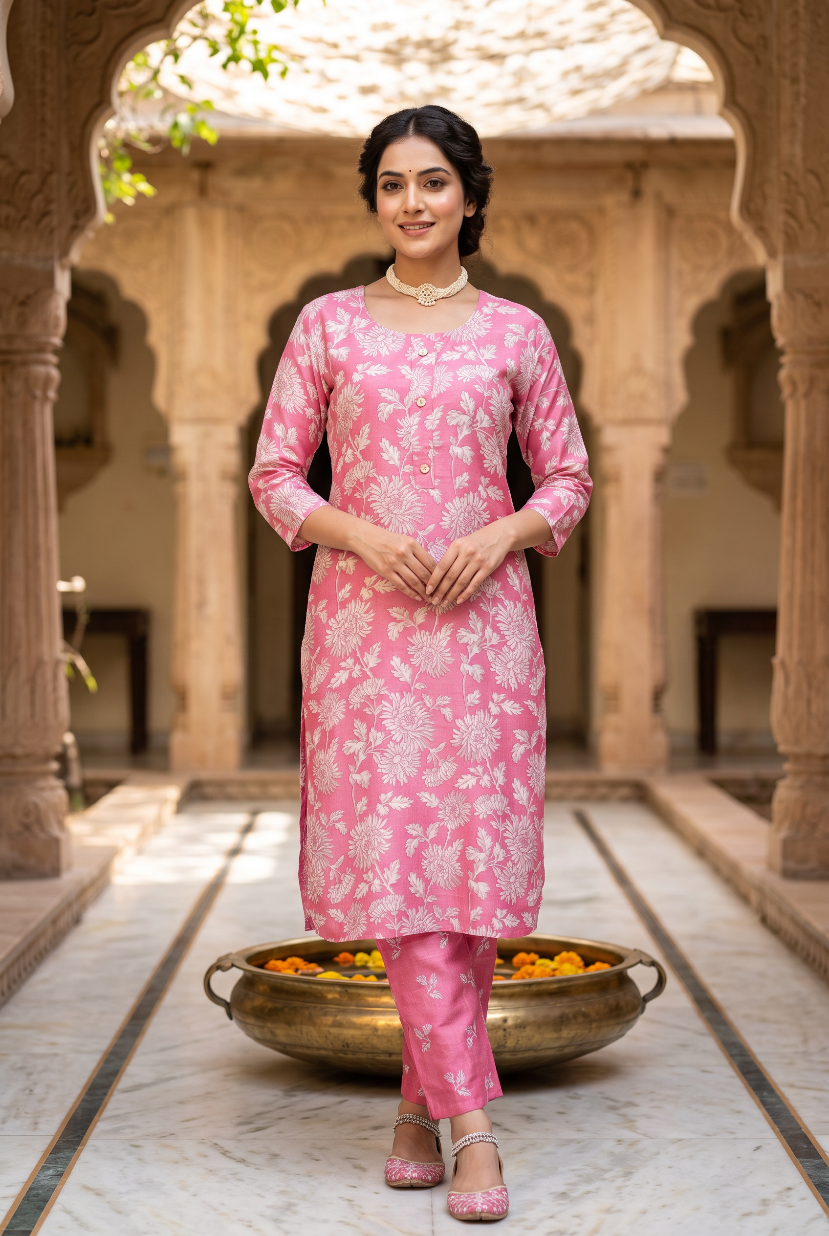 Pink Cotton Kurta Set – Floral 2-Piece for Women
