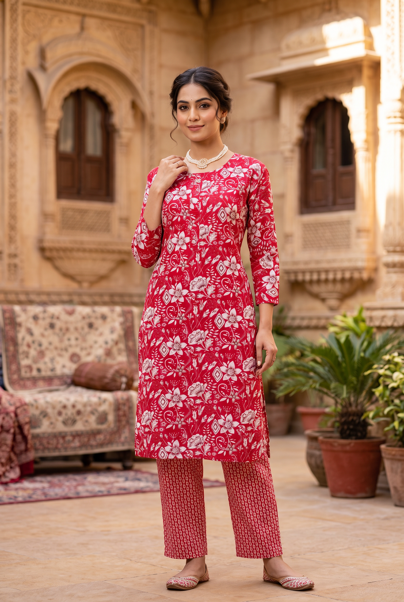 Pink Cotton Kurta Set – Printed 2-Piece with Elastic Pant