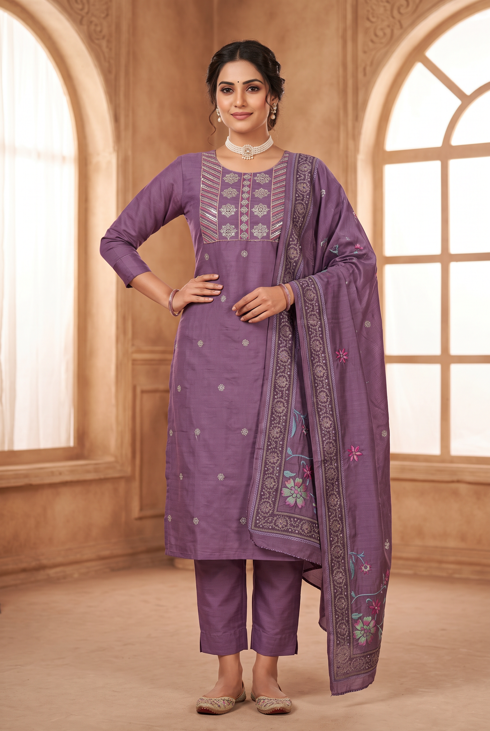 Purple Salwar Kameez – Roman Silk Embroidered 3-Piece