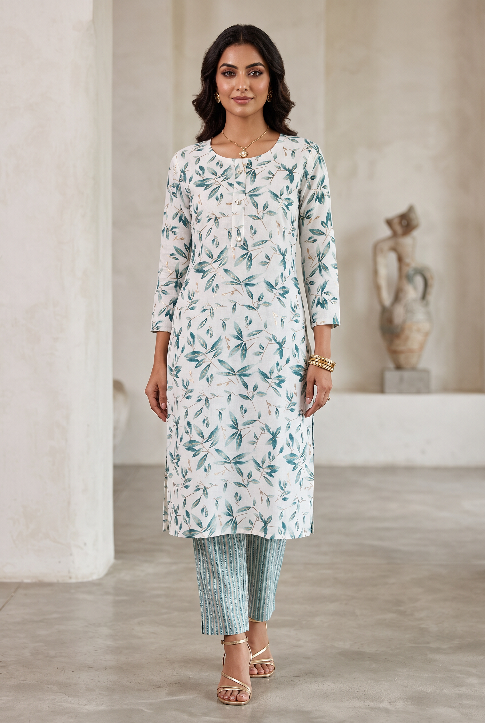 Cream Kurta Set – Leaf Print Rayon Cotton 2-Piece