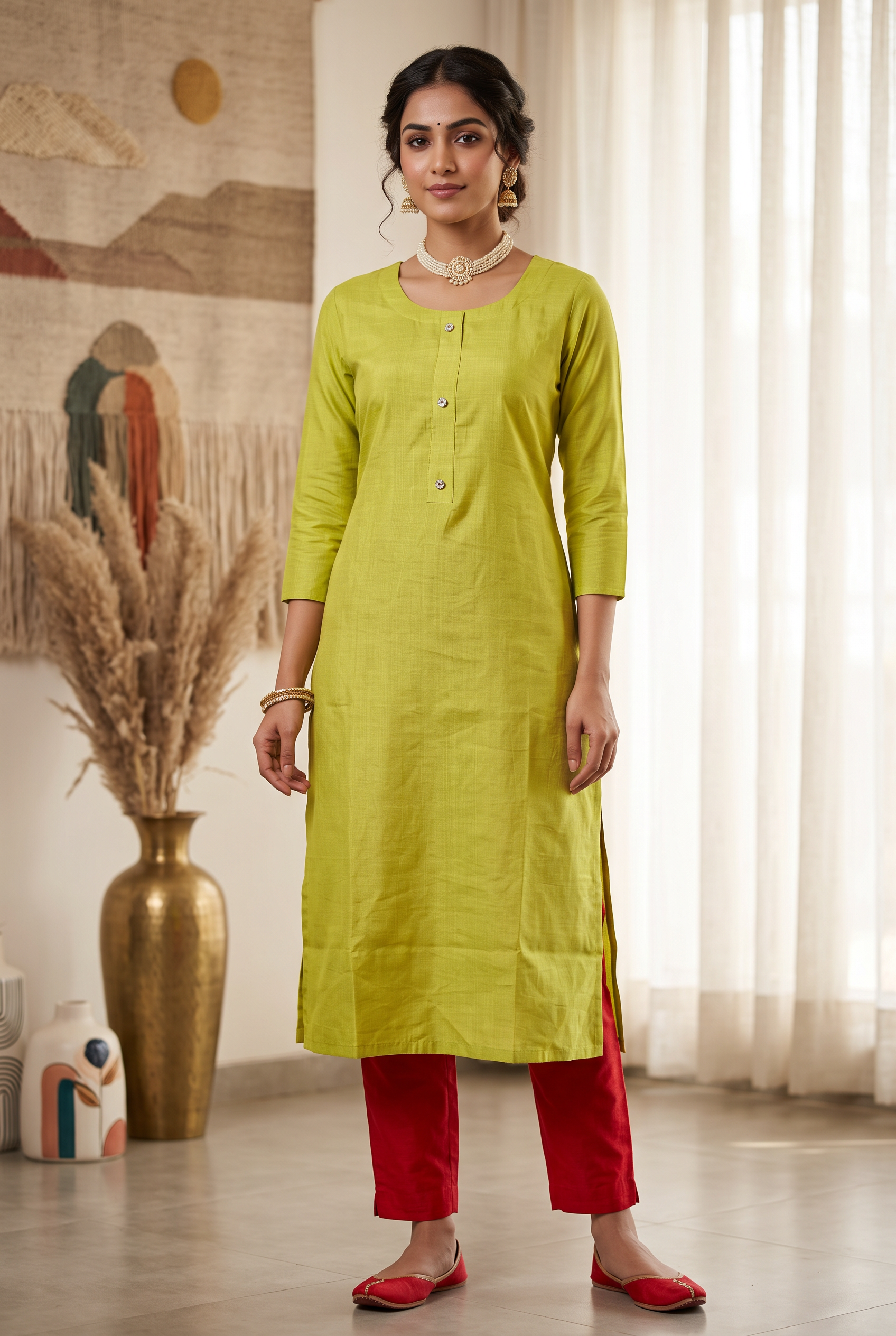 Lime Green Cotton Kurta Set – Straight Kurti with Red Pant