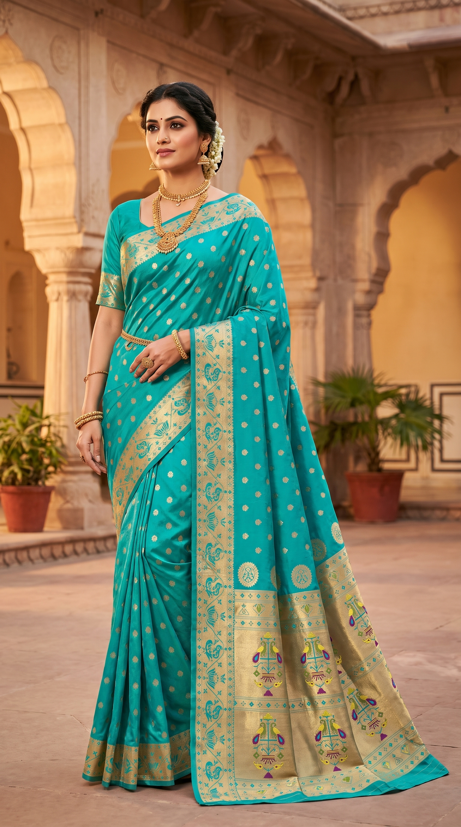 Rama Green Paithani Saree with Zari Woven Peacock Pallu and Design Border