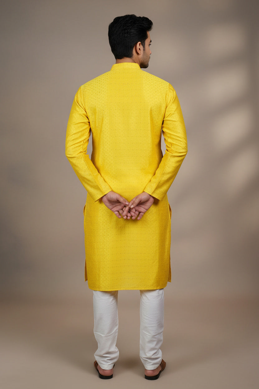 Yellow Men's Kurta Pyjama Jodhpuri Suit - Traditional - AI Model Photo 2