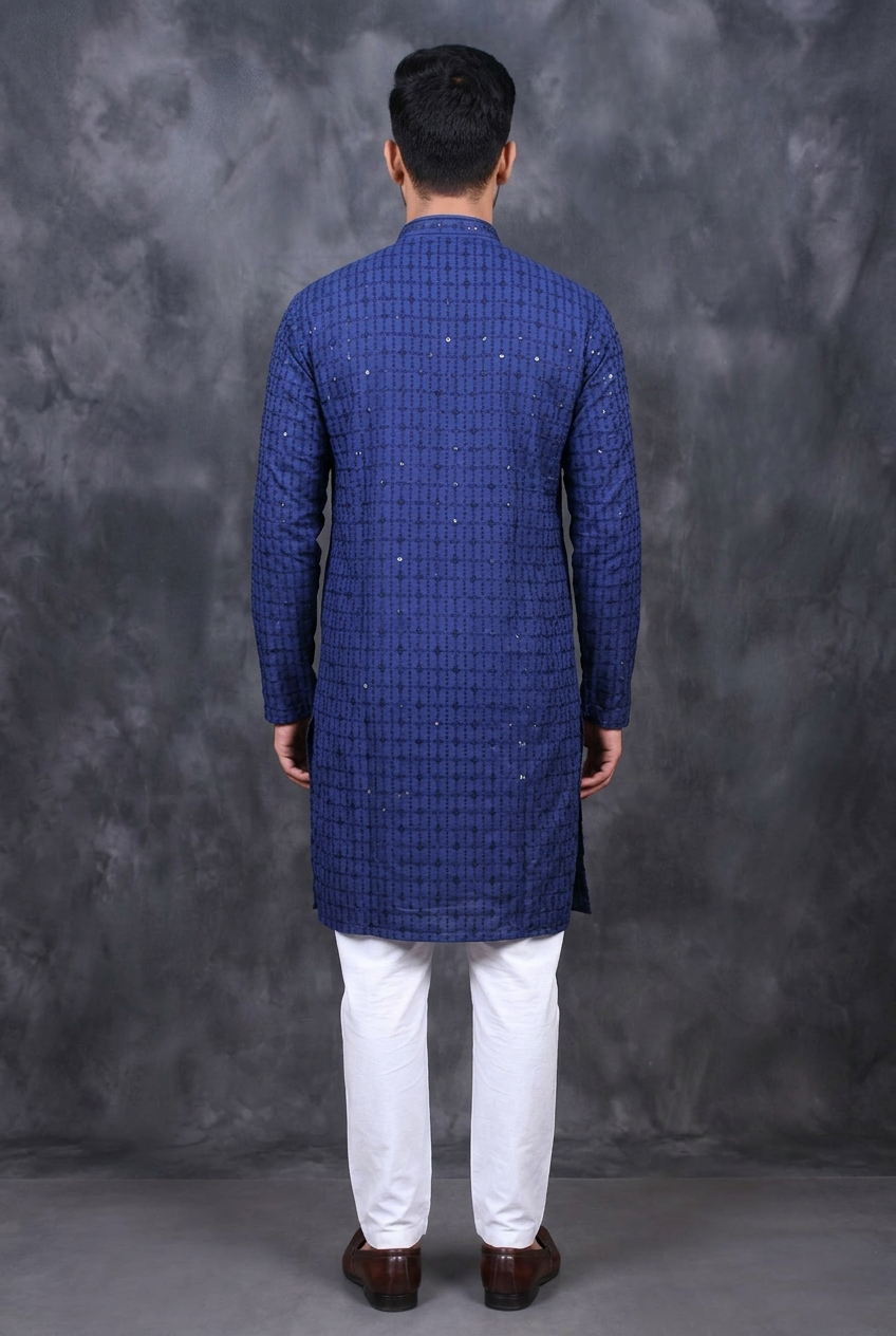 Navy Men's Lakhnavi Kurta with Resham Embroidery - AI Model Photo 1