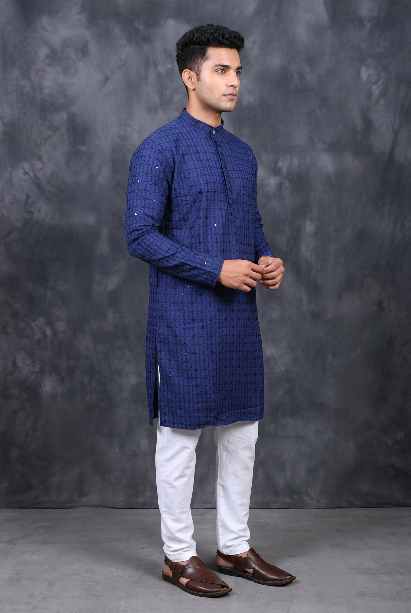 Navy Men's Lakhnavi Kurta with Resham Embroidery - AI Model Photo 2