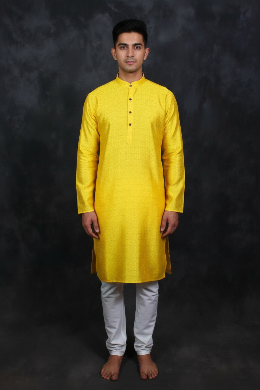 Yellow Men's Kurta Pyjama Jodhpuri Suit - Traditional - AI Model Photo 1