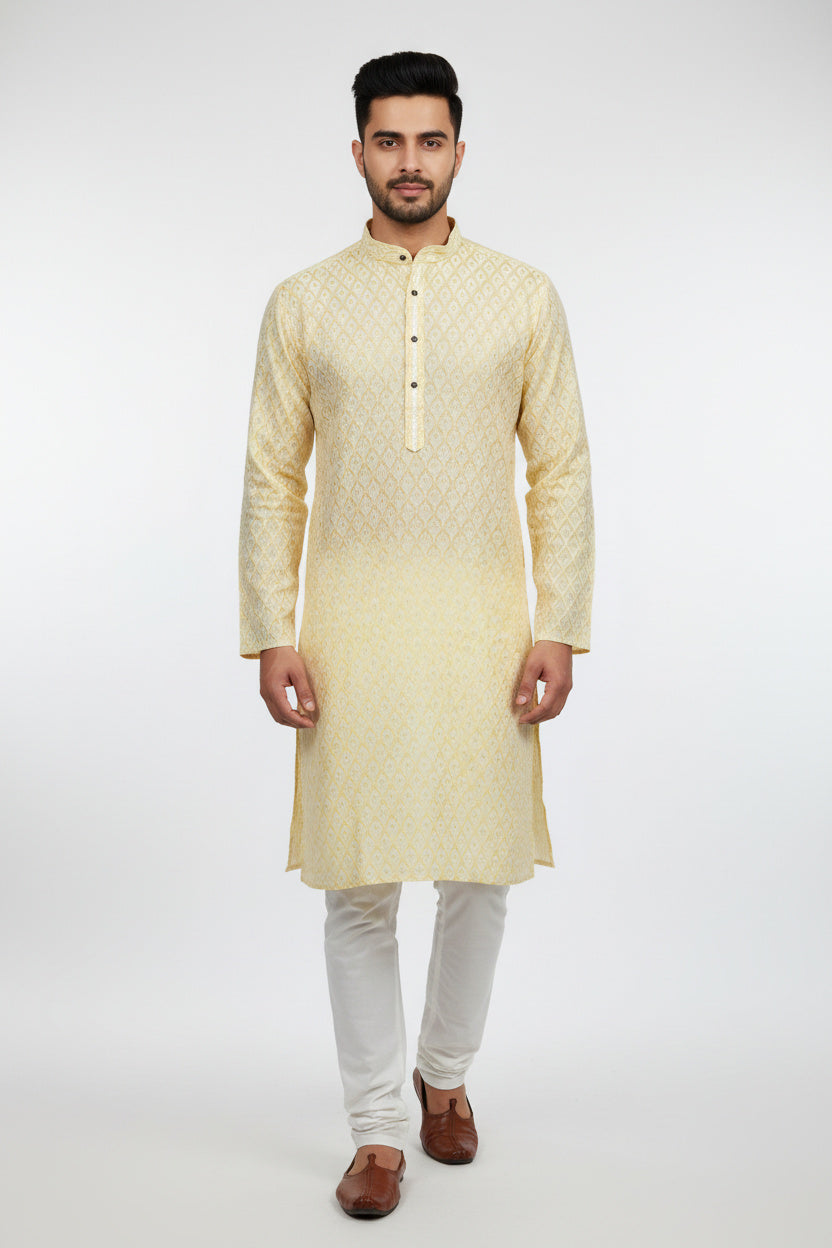 Men's White Jacquard Kurta for Weddings and Parties from JCSFashions - AI Model Photo 3