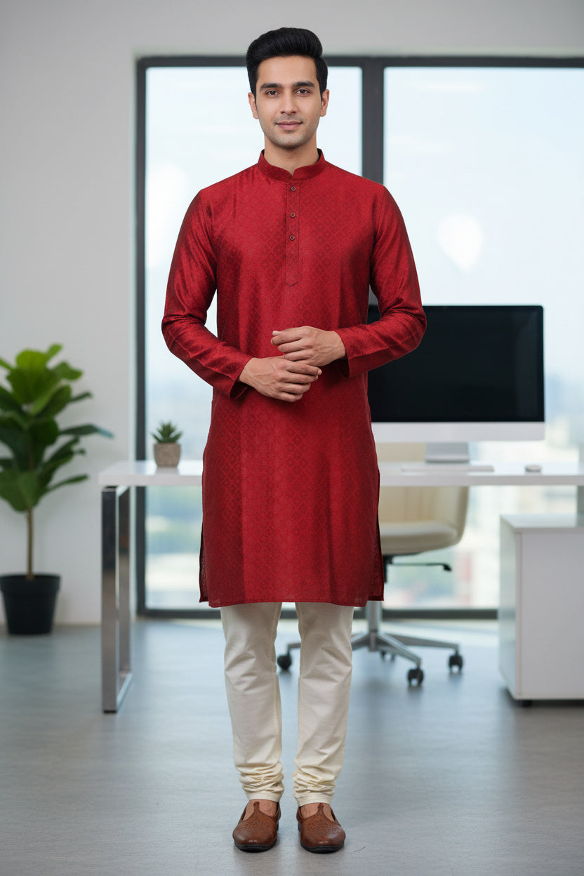Maroon Men's Diamond Pattern Kurta: Ethnic Meets Modern - AI Model Photo 3