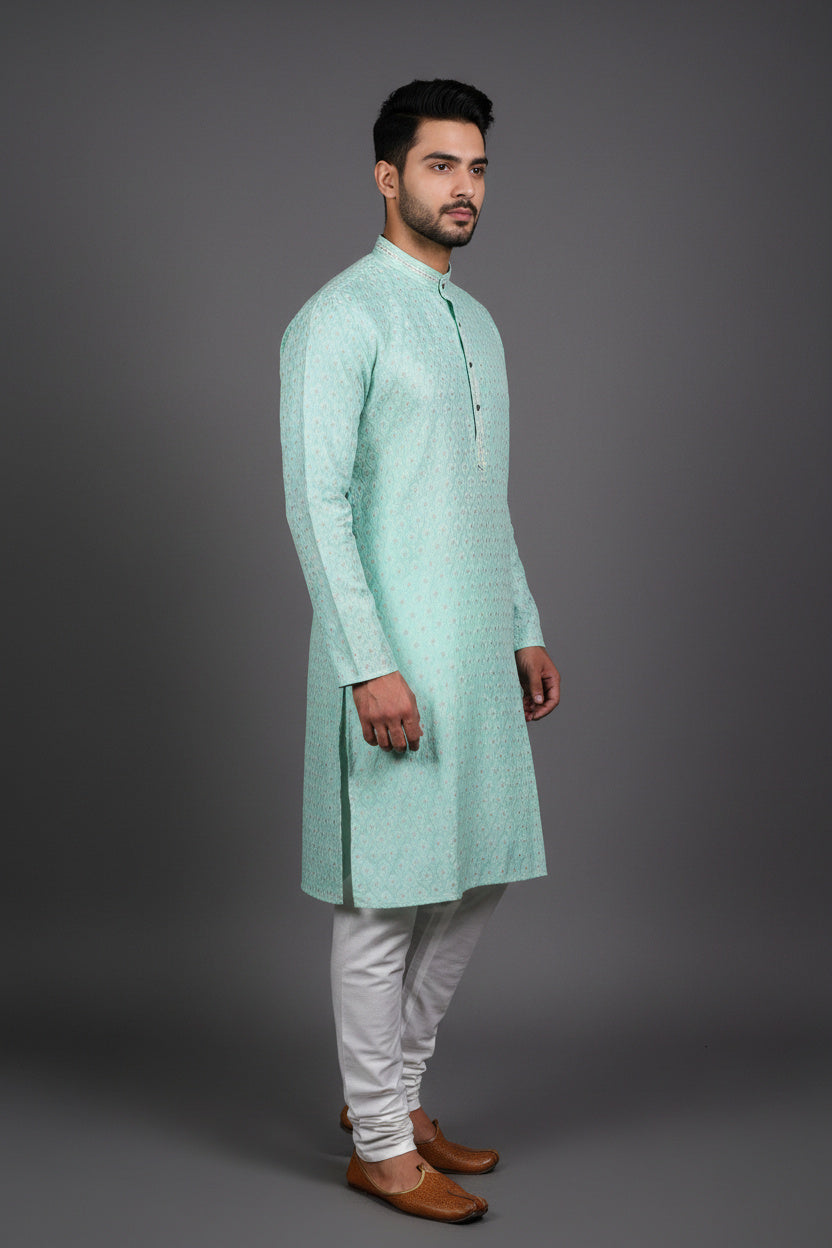 Men's Classic Jacquard Kurta: Luxurious, Intricate Weaving for Weddings - AI Model Photo 2