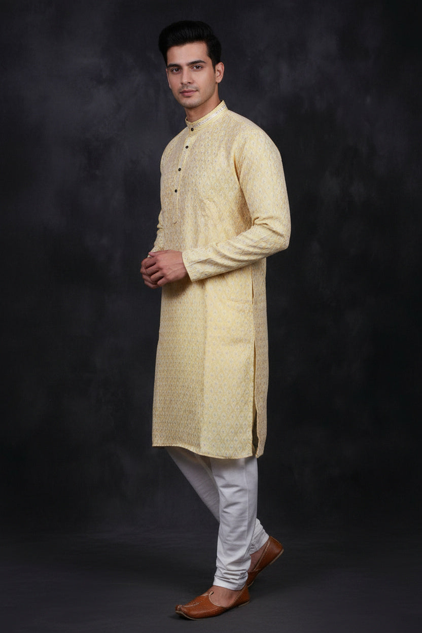 Men's White Jacquard Kurta for Weddings and Parties from JCSFashions - AI Model Photo 2