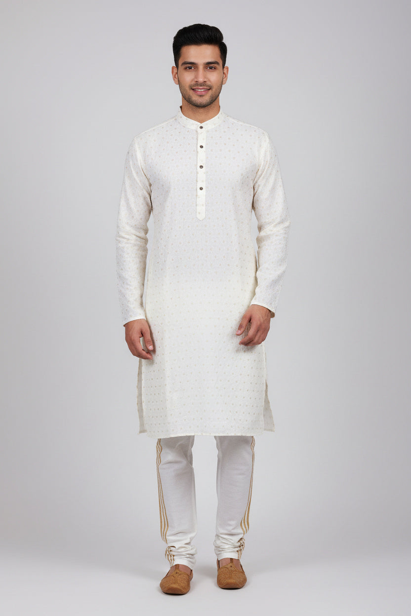 Chic White Hand-Woven Jacquard Men's Kurta for Weddings and Parties - AI Model Photo 1