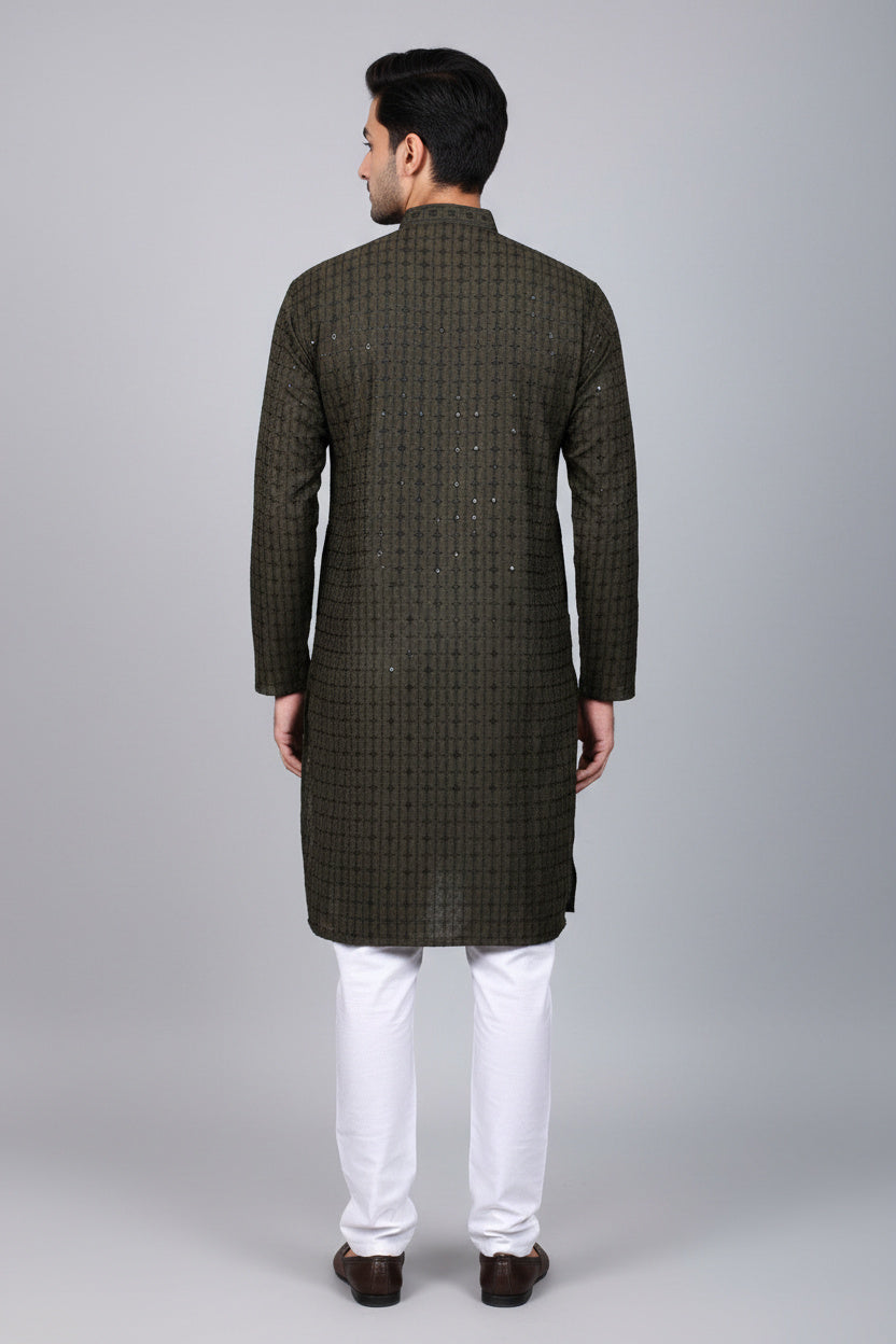 Green Men's Lakhnavi Embroidery Kurta - Traditional - AI Model Photo 2