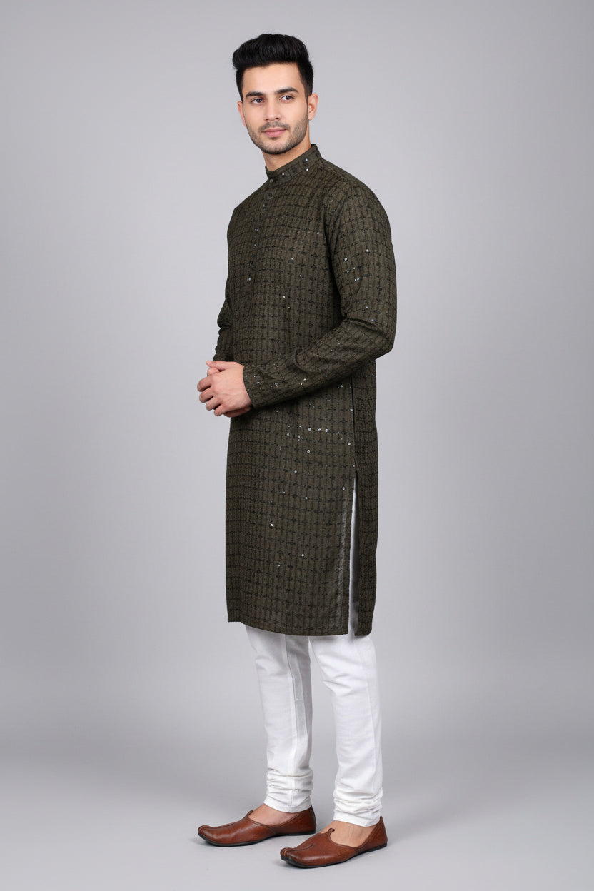 Green Men's Lakhnavi Embroidery Kurta - Traditional - AI Model Photo 3
