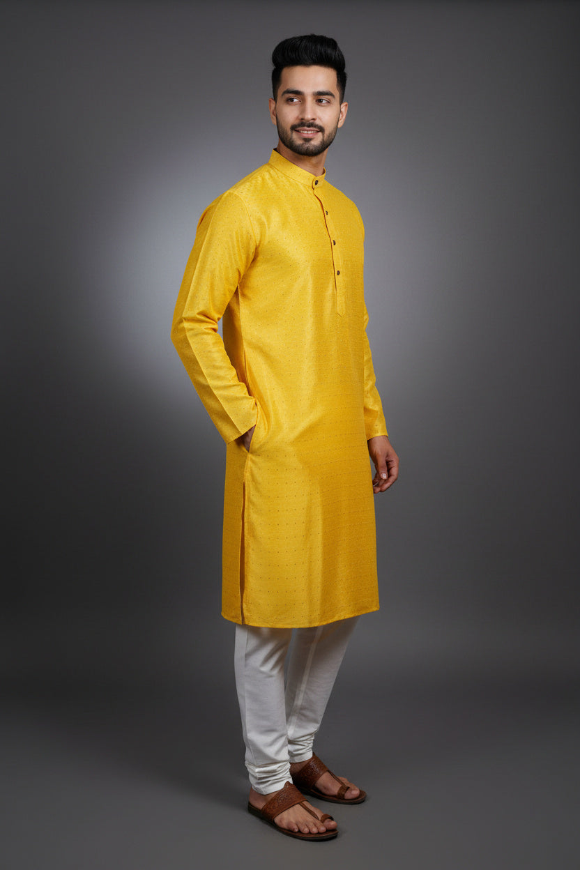 Yellow Men's Kurta Pyjama Jodhpuri Suit - Traditional - AI Model Photo 3