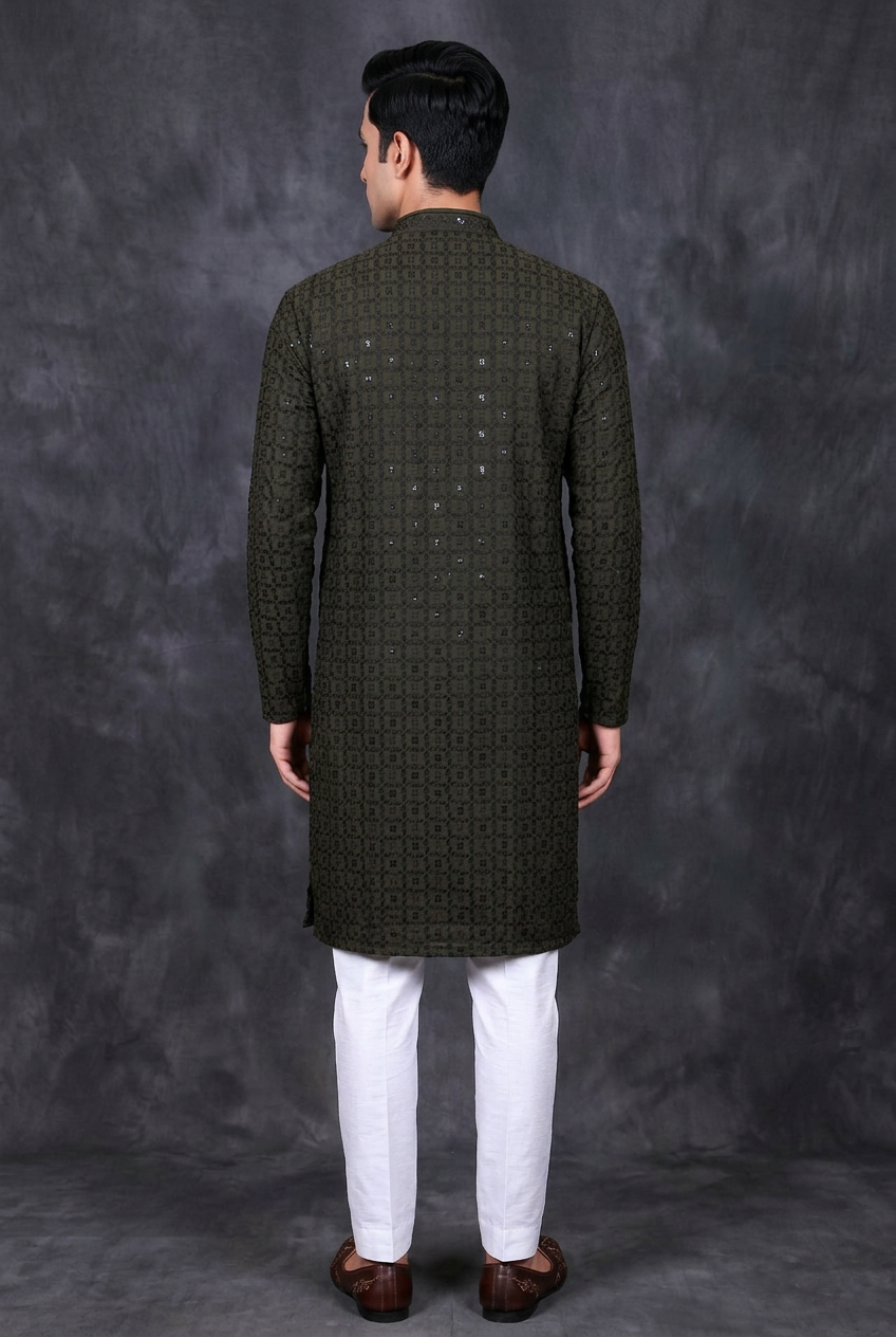 Green Men's Lakhnavi Kurta with Detailed Resham Work - AI Model Photo 3