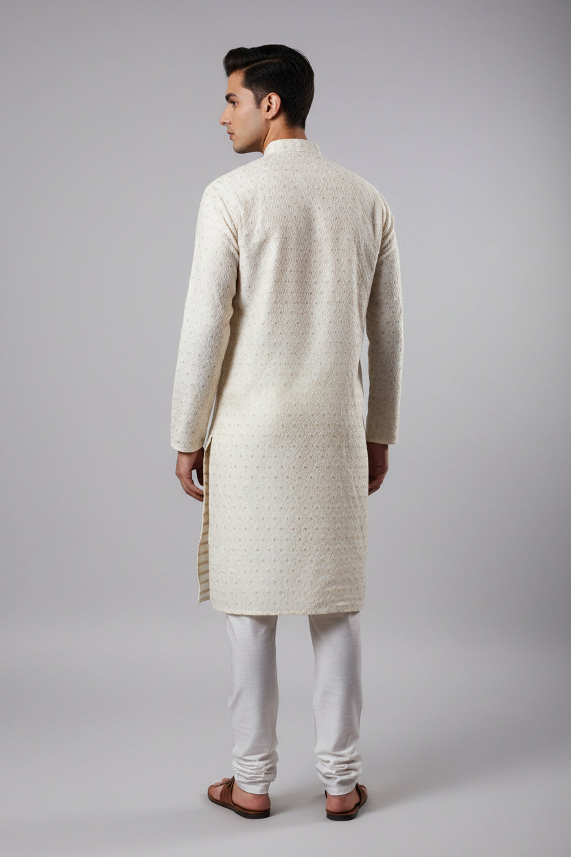 Chic White Hand-Woven Jacquard Men's Kurta for Weddings and Parties - AI Model Photo 2