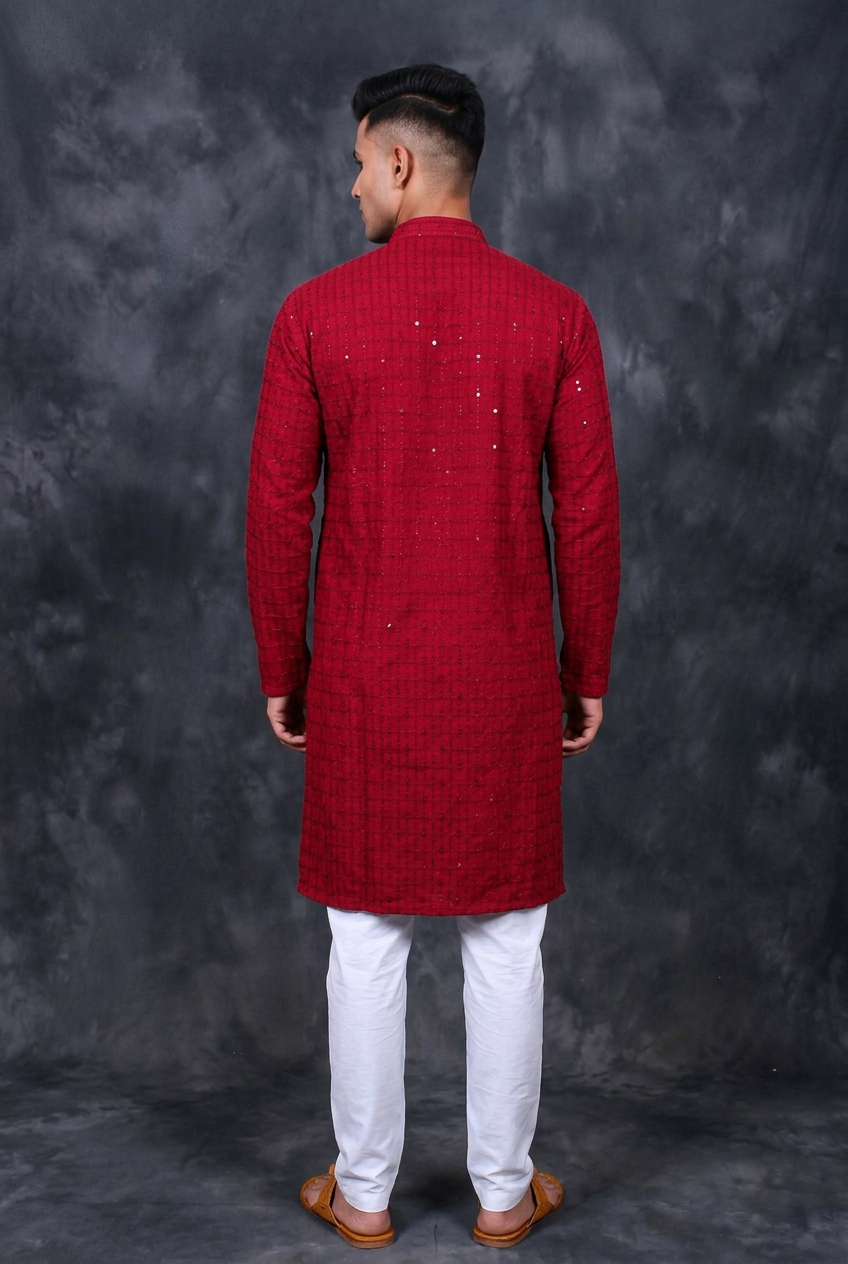Maroon Men's Lakhnavi Kurta with Resham Embroidery - AI Model Photo 2