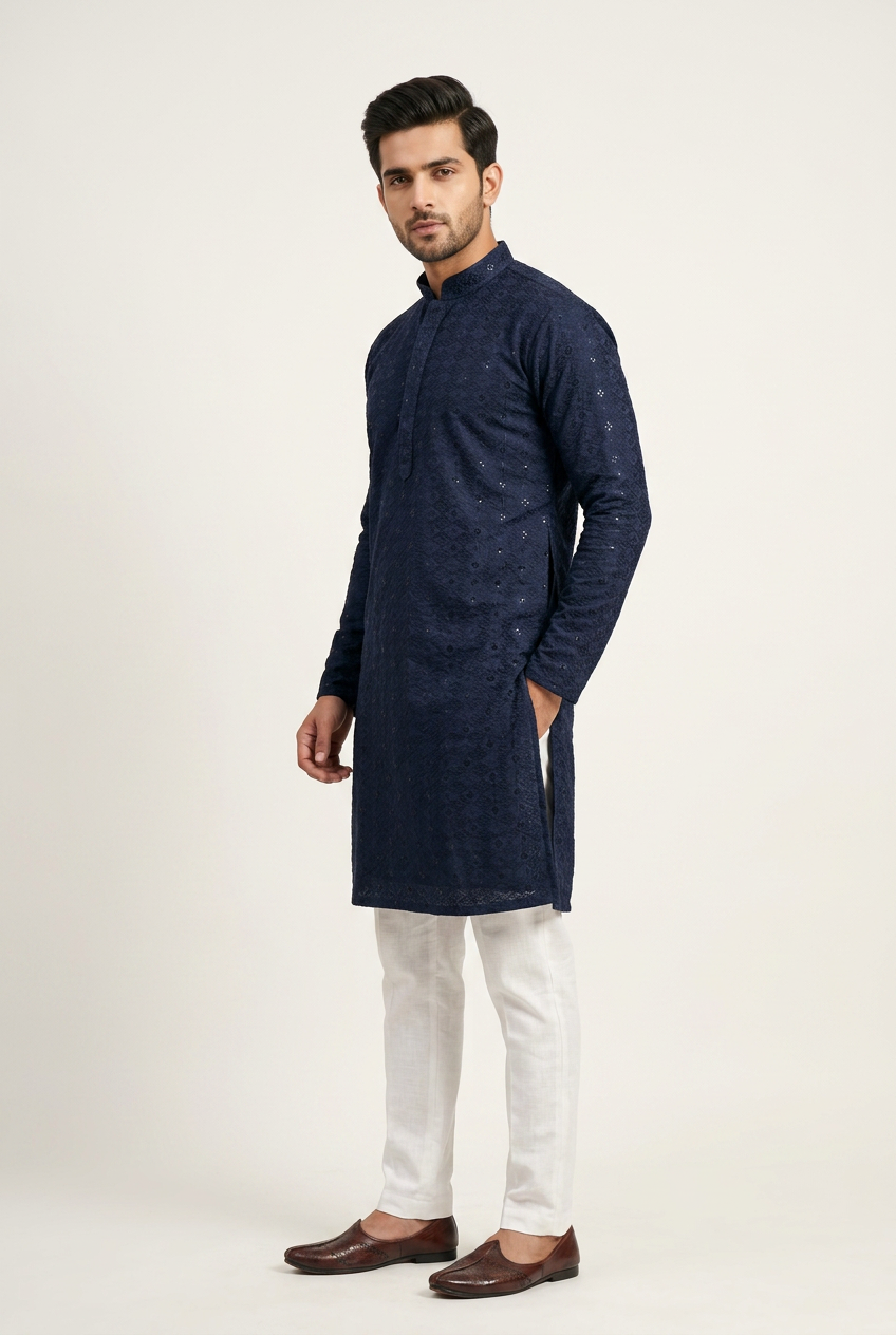 Navy Men's Lakhnavi Kurta - Embroidered Ethnic Wear - AI Model Photo 3