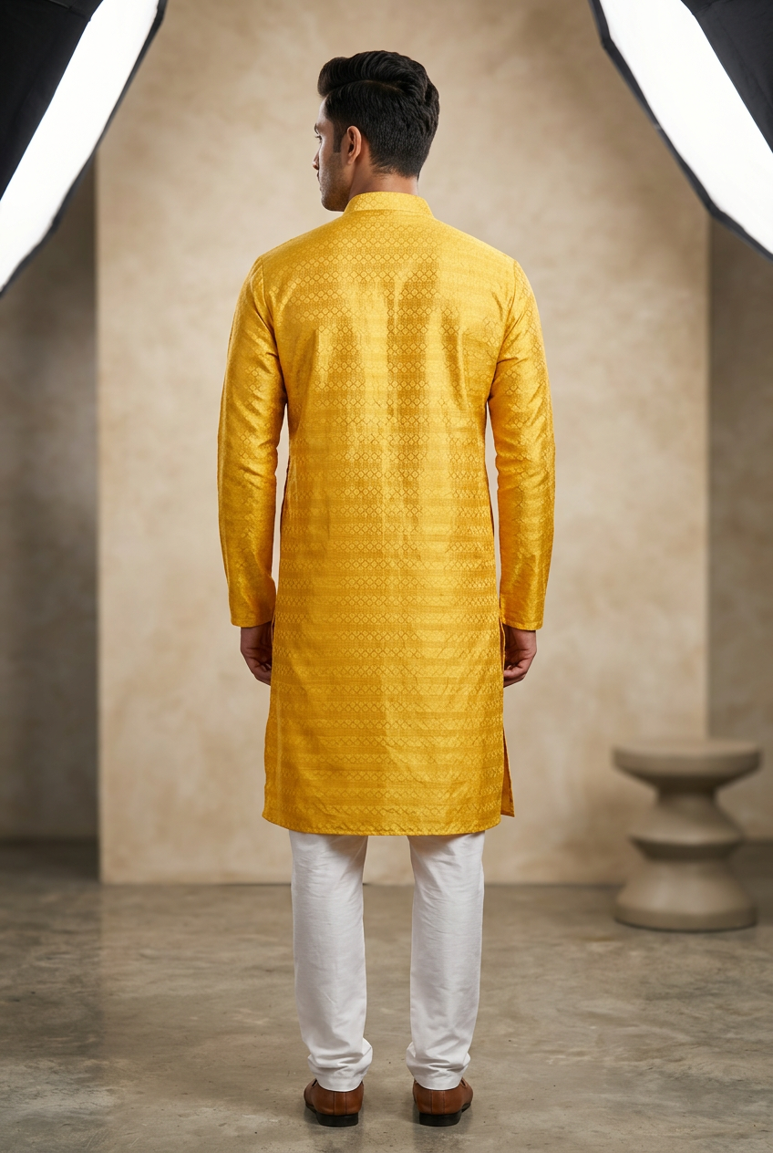 Yellow Hand-Sewn Sequin Men's Kurta Pyjama for Haldi - AI Model Photo 3